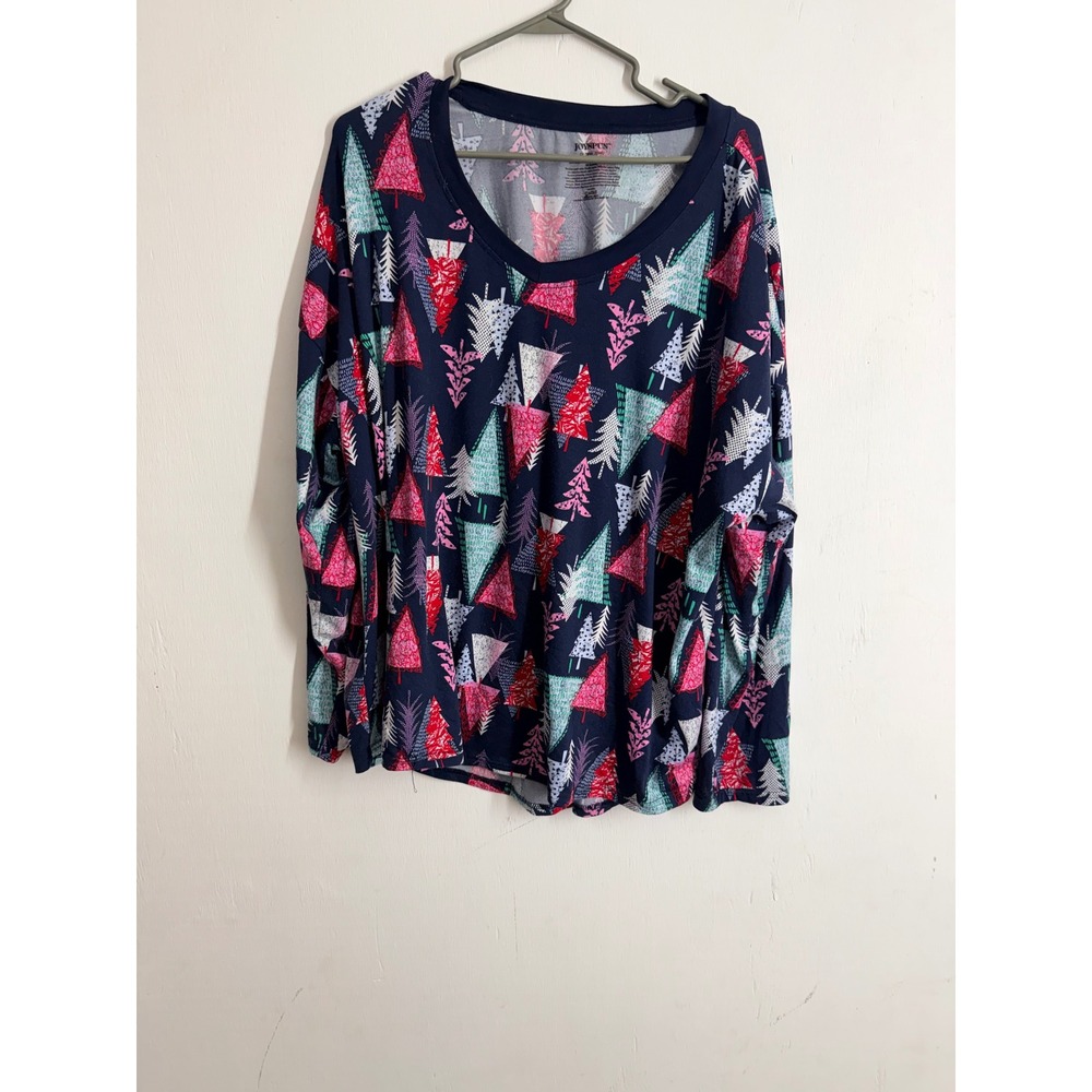Joyspun Christmas Tree Pajama Top 2X Top Navy Pink Holiday Sleep Shirt V-Neck